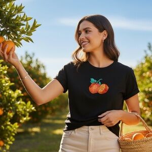 Karen Scott Black Graphic Tee Large — Embroidered Fruit Art T-Shirt